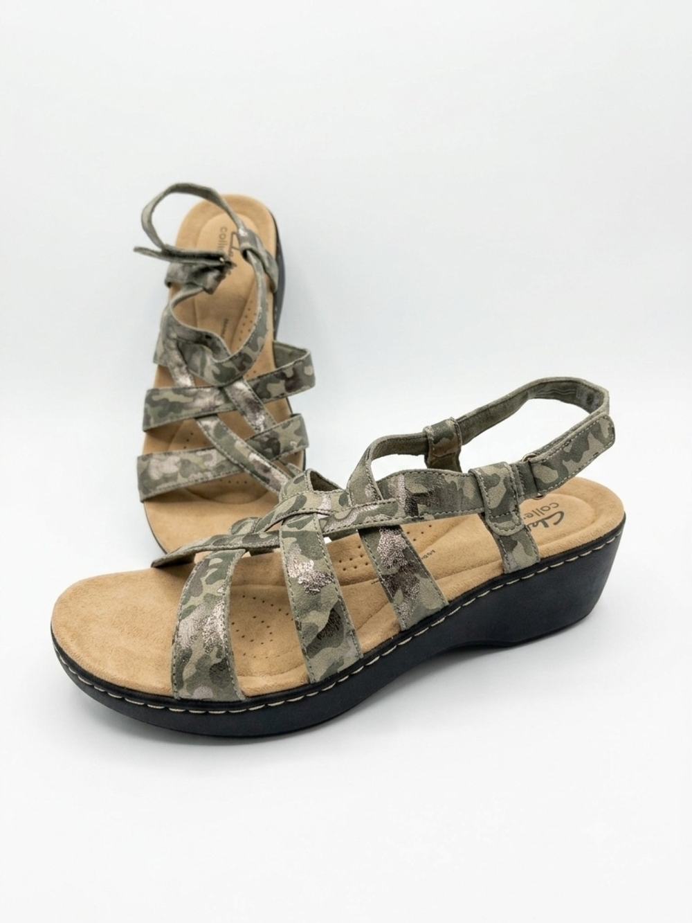 Clarks Size 9.5 Shoes Camo Wedge Sandals Olive Green Womens